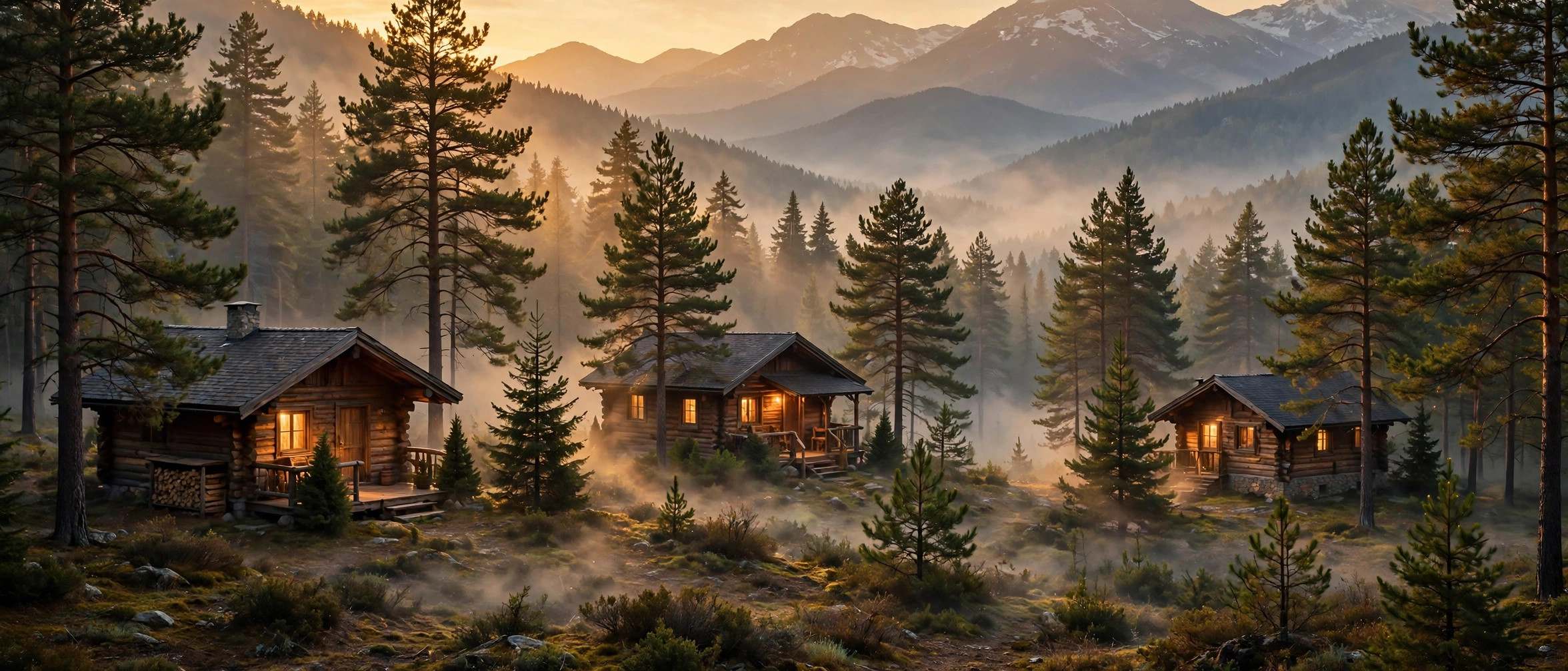 Cabañas en el bosque al atardecer